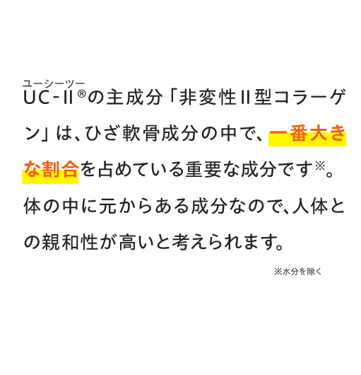 UC-Ⅱ&reg;（ユーシーツー）の主成分「非変性Ⅱ型コラーゲン」は、ひざ軟骨成分の中で、一番大きな割合を占めている重要な成分です※。体の中に元からある成分なので、人体との親和性が高いと考えられます。 ※水分を除く