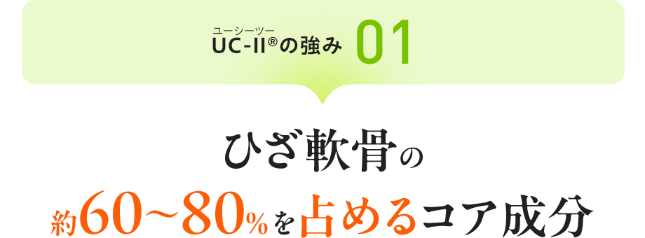 UC-Ⅱ&reg;（ユーシーツー）の強み01：ひざ軟骨の約60〜80%を占めるコア成分