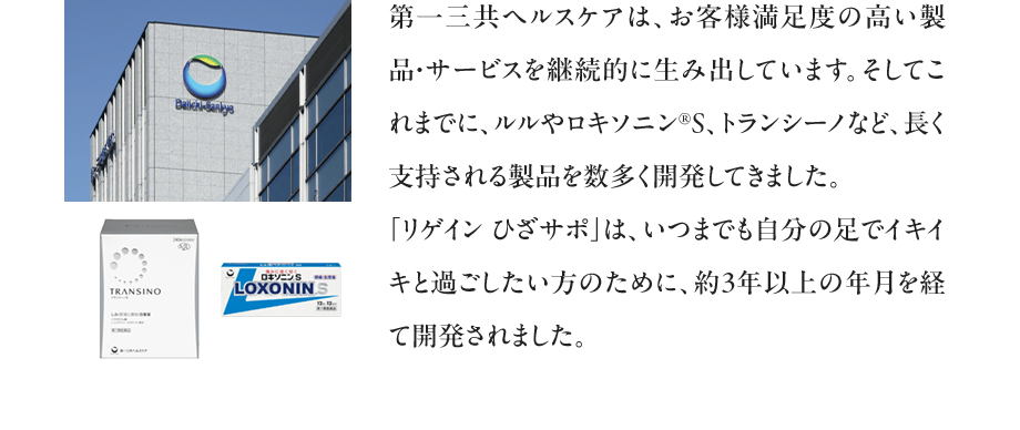 第一三共ヘルスケアは、お客様満足度の高い製品・サービスを継続的に生み出しています。そしてこれまでに、ルルやロキソニン&reg;S、トランシーノなど、長く支持される製品を数多く開発してきました。「リゲイン ひざサポ」は、いつまでも自分の足でイキイキと過ごしたい方のために、約3年以上の年月を経て開発されました。